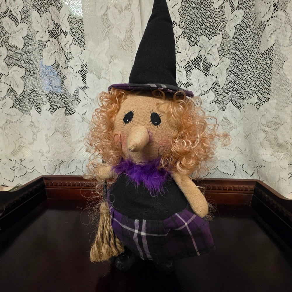 Primitive Standing Witch Doll 13" Purple Plaid Halloween Shelf Decor
